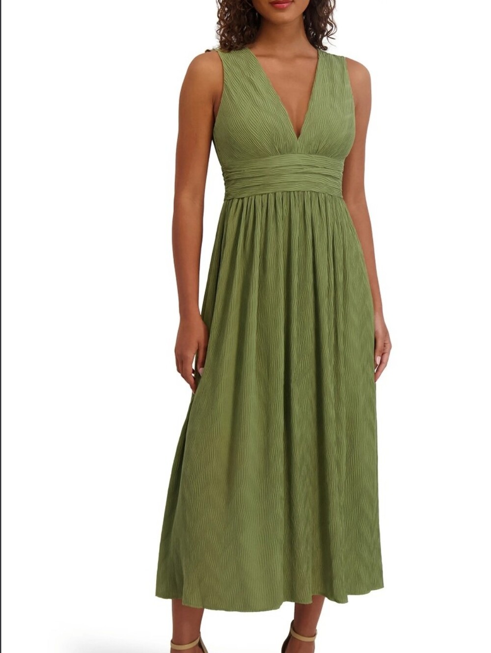 Siena NWT 2X Sage Green Pleated Chiffon V Neck Midi Dress Plus Size $158